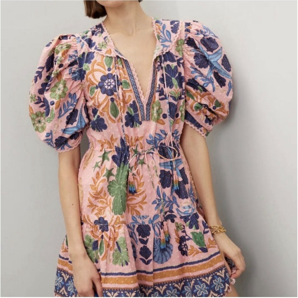 FARM RIO Seashell Tapestry Mini Dress Organic Cotton Puff Sleeves Tassel Sz L - Picture 4 of 9